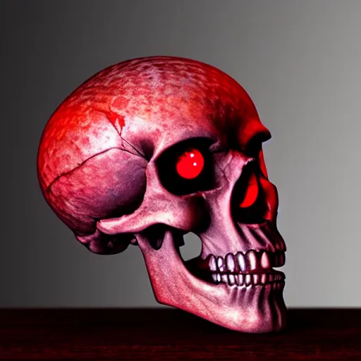 Image similar to humanoid skull, glowing red eyes, on a table, realistic, very detailed