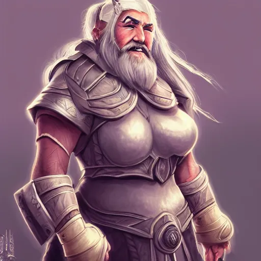 Prompt: elderly female feminine dwarven heavyset fighter with long grey hairstyle and long beard in braids and wrinkled skin wearing full platemail armor by rossdraws