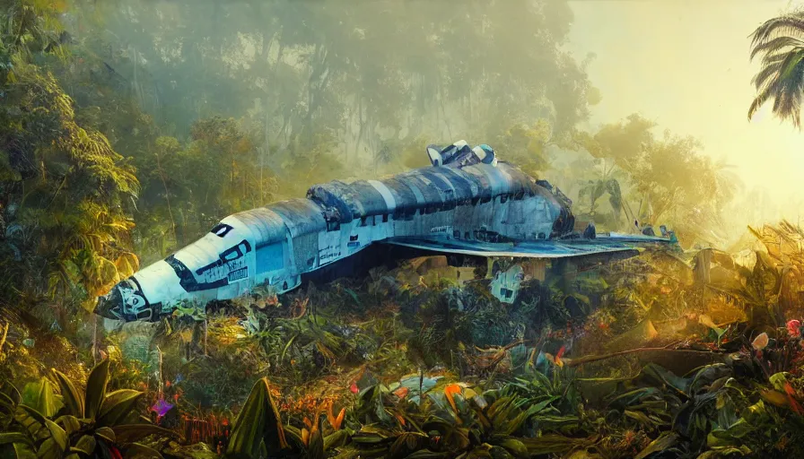 Prompt: Intricate detailed illustration, a crashed space shuttle being reclaimed by the jungle, strange flowers, fog, vibrant colors, blue sky, cinematic lighting, by Sparth and Greg Rutkowski, wide angle, volumetric light scattering, 8k, artstation, concept art,