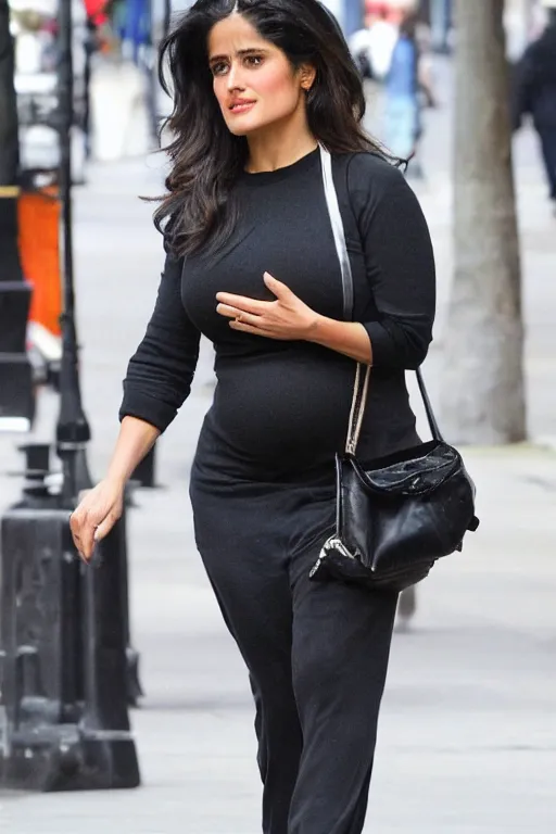 Image similar to salma hayek pregnant walking down the street, portrait realistic photograph, very detailed face
