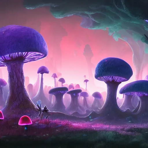 Image similar to concept art painting of a fantasy alien fungal landscape at night, magenta trees, glowing blue mushrooms, village of houses made of mushrooms, dark purple sky, realistic, detailed, cel shaded, in the style of makoto shinkai and greg rutkowski and albert bierstadt and james gurney