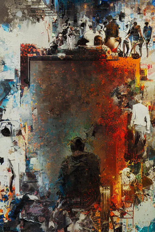 Image similar to a beautiful glitched painting by robert proch of people in front of a painting in a museum gallery, metal rust and plaster materials, pixel sorting, color bleeding, brushstrokes by jeremy mann, still life, dark colors