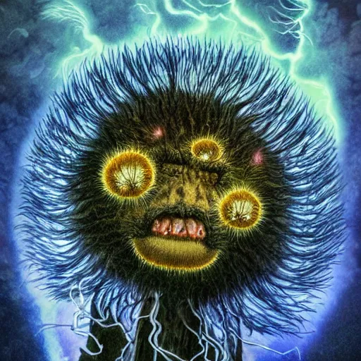 Prompt: a dandelion plant monster at night, menacing expression, natural energy, fantastical, glowing amber eyes, intricate details, artefacts, luminous skies, highly detailed, kentaro miura art style