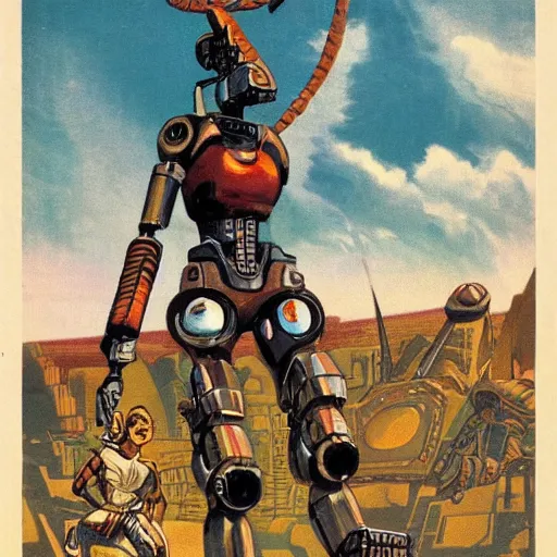 Image similar to a vintage scifi book cover of a warrior woman facing off against a gigantic robot, low perspective, detailed clouds