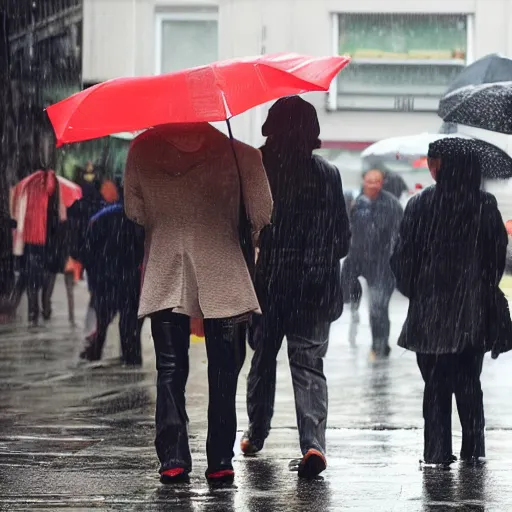 Prompt: in the style of Ohrai, Noriyoshi, people using iphones walking in the rain in the high street