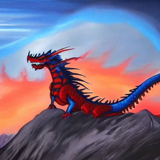 Image similar to a very detailed painting of a crimson dragon spitting out hot blue flames out of it's mouth while on top a mountain under the beautiful setting sun