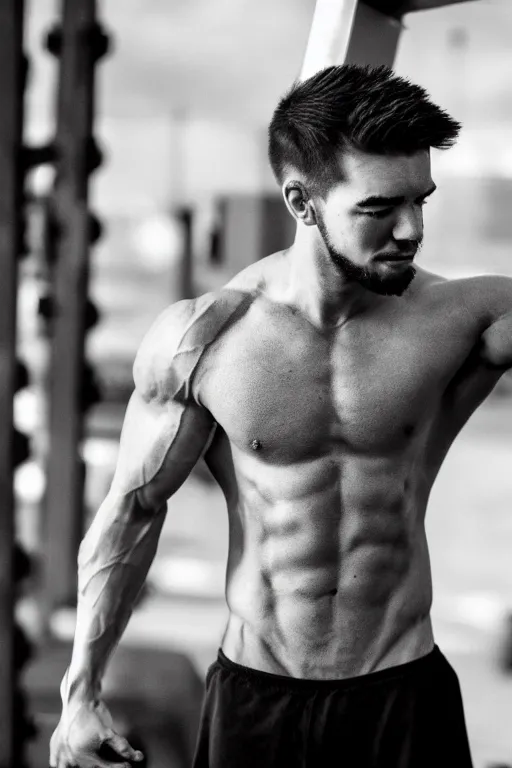 Image similar to 📷 Sean McLoughlin, jacksepticeye, irish youtuber, is a jacked muscle builder gigachad, grayscale photography