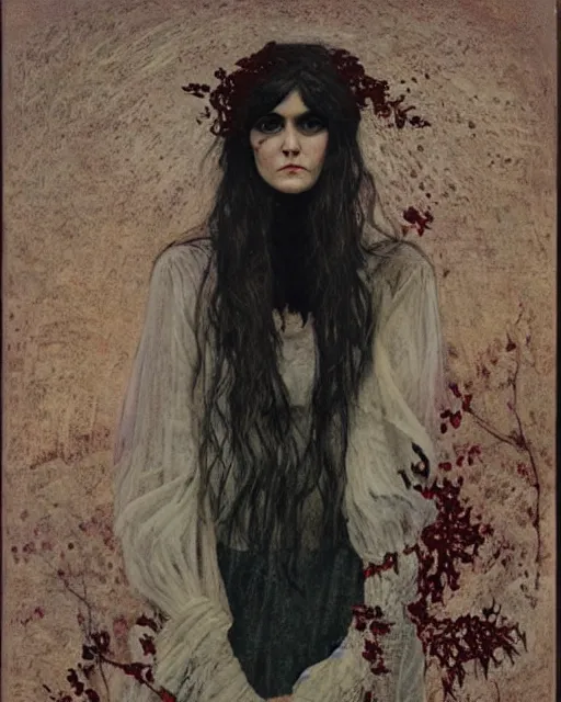 Image similar to a beautiful but sinister girl who looks like shirley henderson in layers of fear, wearing goth lace, with fierce eyes and wild hair, 1 9 7 0 s, seventies, delicate embellishments, a little blood, crimson, painterly, offset printing technique, by jules bastien - lepage