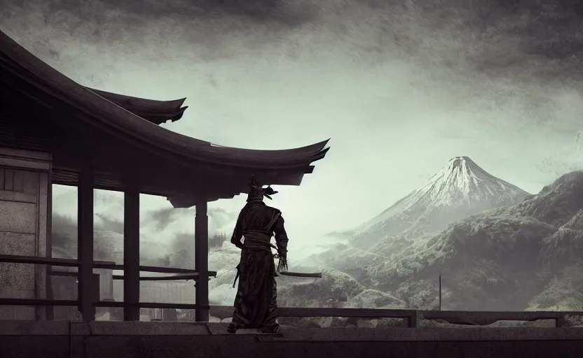 Prompt: highly detailed 3 d render of shinobi japanese assasin hiding in the shadow on the pagoda roof, barely visible, total darkness, photobash, raytracing, high contrast backlight, mountains