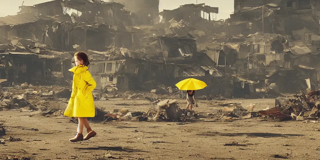 Image similar to incredible wide screenshot, ultrawide, simple watercolor, rough paper texture, backlit distant shot of girl in a parka running from a giant robot invasion side view, yellow parasol in deserted dusty junk town, broken vending machines