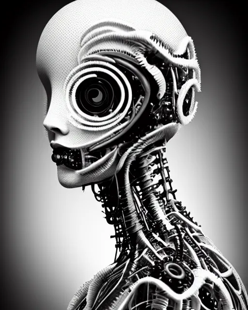 Image similar to black and white dreamy foggy smoky profile face portrait, one silver steampunk eye biomechanical beautiful young female cyclope - cyborg - robot bust, body ribs meshes,, volumetric light, hibiscus flowers, by hg giger, rim light, by dora maar and cecile beaton, big gothic fashion pearl embroidered collar, 8 k