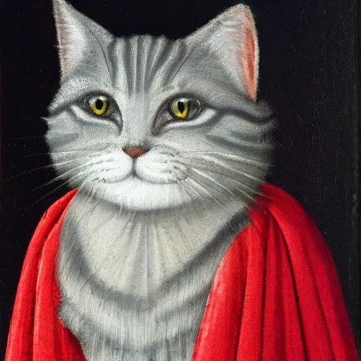 Image similar to a renaissance style portrait painting of a grey scottish fold cat, wearing a crown and cape, dark background