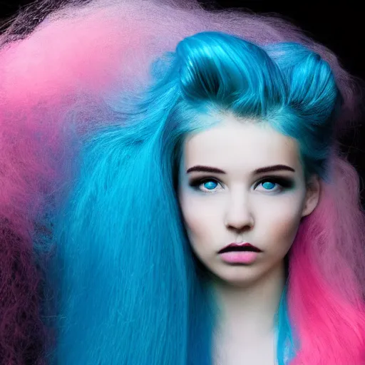 Image similar to a dramatic photo of a beautiful young woman with cotton candy hair. with a little bit of cyan and pink