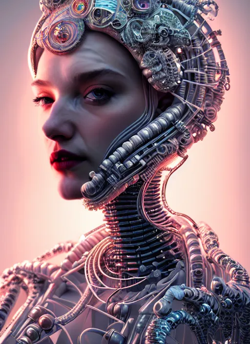 Image similar to portrait of an absurdly beautiful, graceful, sophisticated, fashionable cyberpunk mechanoid, hyperdetailed illustration by irakli nadar and alexandre ferra, intricate linework, white porcelain skin, faberge, coral headdress, unreal engine 5 highly rendered, global illumination, radiant light, detailed and intricate environment