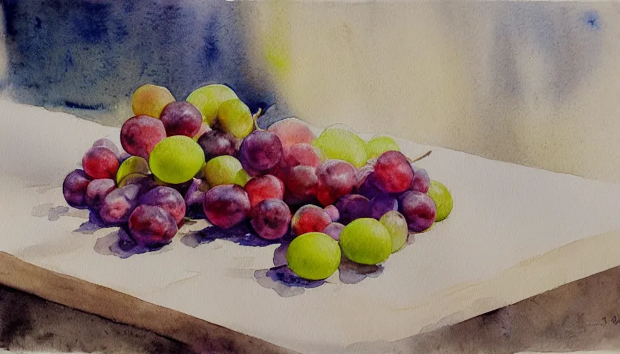 Prompt: watercolor painting of grapes, bright, white table