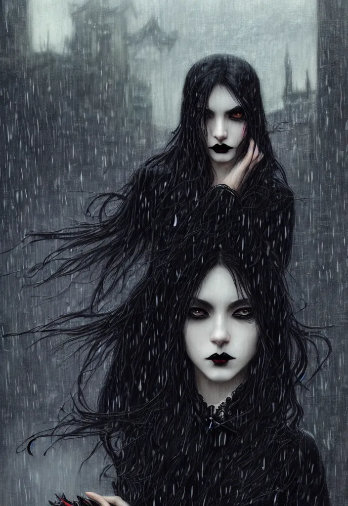Prompt: a portrait of a beautiful gothic vampire on the streets of tokyo in the rain, intricate, well drawn eyes, defined face, sharp focus, illustration, highly detailed, digital painting, concept art, matte, 8 k resolution, dramatic lighting,, art by wlop and artgerm and greg rutkowski and alphonse mucha, masterpiece