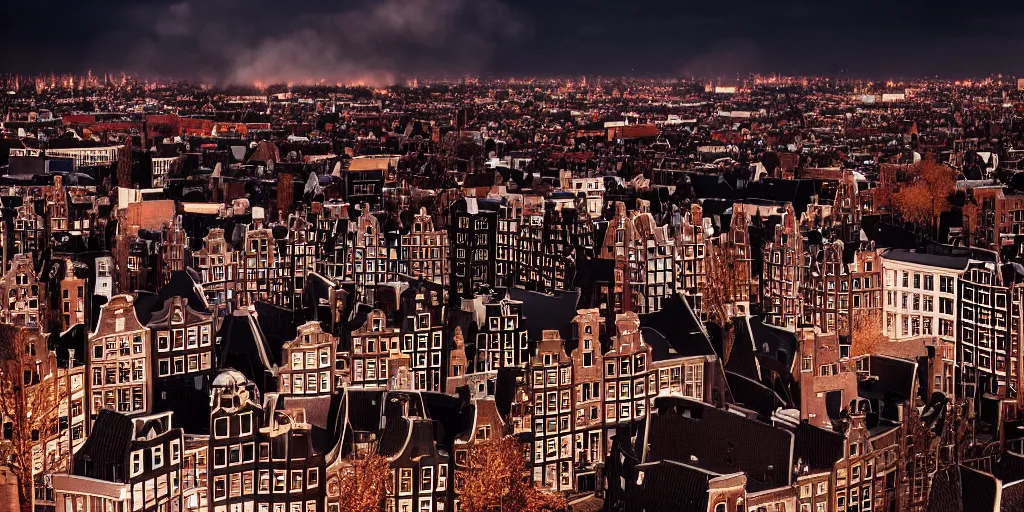 Image similar to the rooftops of amsterdam during a catastrophic fire. moody dark skies lit up by fire. photography