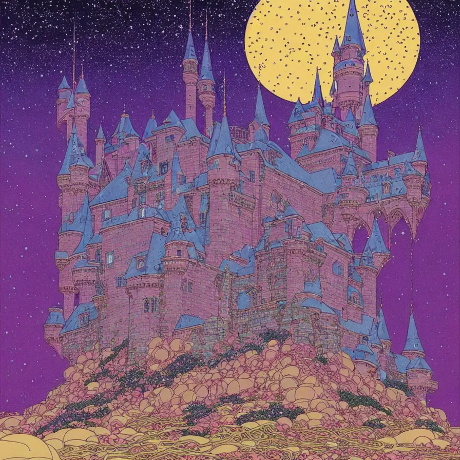 Image similar to ( ( ( ( shinning starry sky and a huge castle, with decorative frame design ) ) ) ) by mœbius!!!!!!!!!!!!!!!!!!!!!!!!!!!, overdetailed art, colorful, artistic record jacket design
