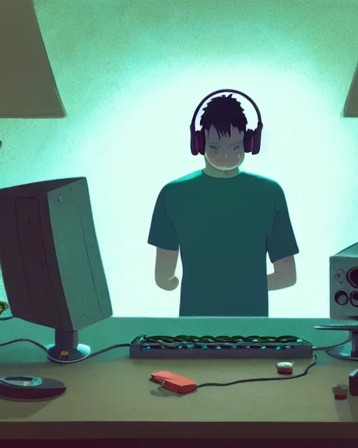 Image similar to producer making music late at night at his home studio with headphones, detailed, cory loftis, james gilleard, atey ghailan, makoto shinkai, goro fujita, studio ghibli, rim light, exquisite lighting, clear focus, very coherent, plain background, soft painting