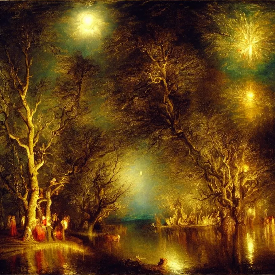 Image similar to a night carnival around a magical tree cavity, with a surreal orange moonlight and fireworks in the background, next to a lake with iridiscent water, christmas lights, folklore animals and people disguised as fantastic creatures in a magical forest by summer night, masterpiece painted by turner, scene by night, dark night environment, refraction lights, glares