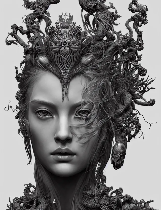 Image similar to symmetrical, centered, zbrush sculpt of goddess close-up portrait wigh crown made of skulls. phoenix betta fish, phoenix, bioluminiscent creature, super intricate ornaments artwork by Tooth Wu and wlop and alena aenami and greg rutkowski