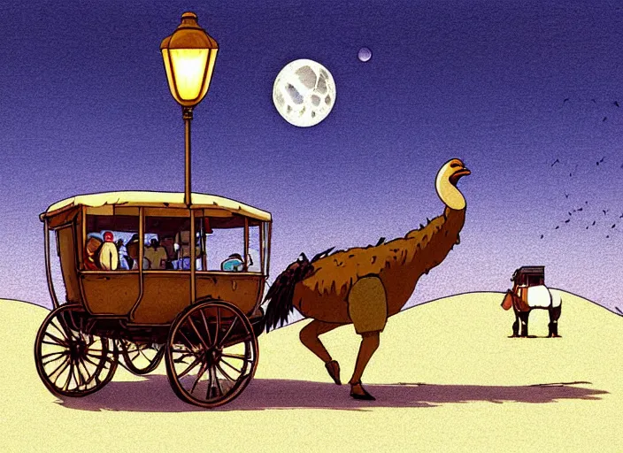 Image similar to a cell shaded cartoon of a stagecoach being pulled by two ostriches from howl's moving castle ( 2 0 0 4 ), on a desert road, lamp posts, in front of a pale full moon, full body, wide shot, very dull muted colors, studio ghibli, highly detailed, deviantart, art by artgem