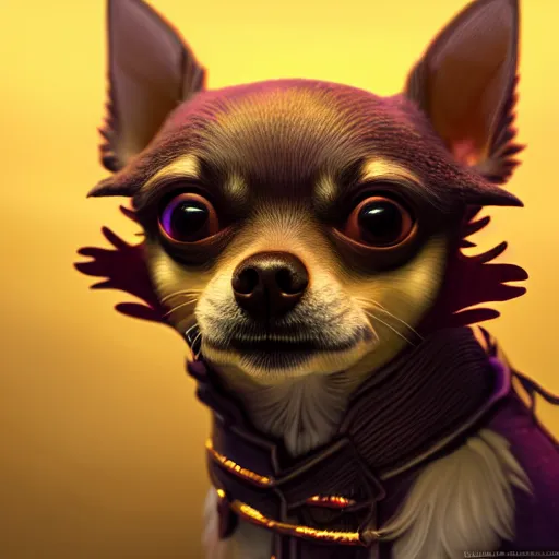 Image similar to a transcendent chihuahua with three eyes living in an extradimensional reality, in the style of wlop, illustration, epic, fantasy, hyper detailed, smooth, unreal engine, sharp focus, ray tracing, physically based rendering, renderman, beautiful