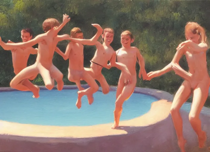 Image similar to a group of teens in the moment of jumping into a pool, oil painting by ralph maquarrie and james gurney, soft edges, subtle colours