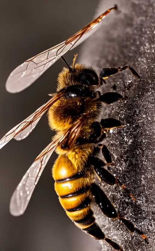 Prompt: the last bee entrapped under a layer of ice, beautiful macro photography, cold ambient light