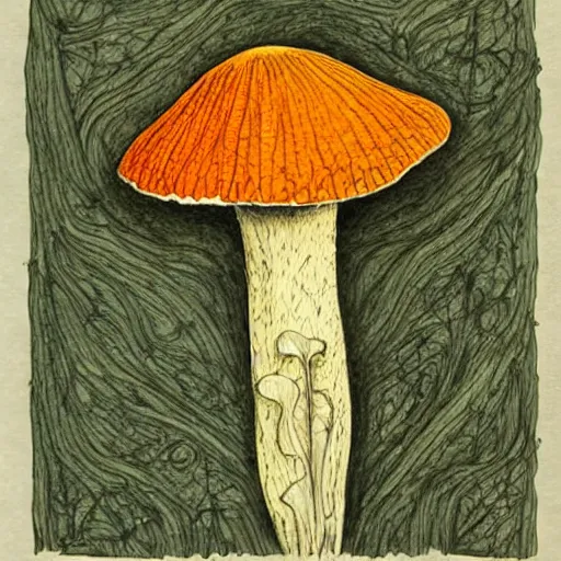 Image similar to chanterelle mushroom, pen and ink drawing, drawn by hand, cozy, natural colors, textured paper