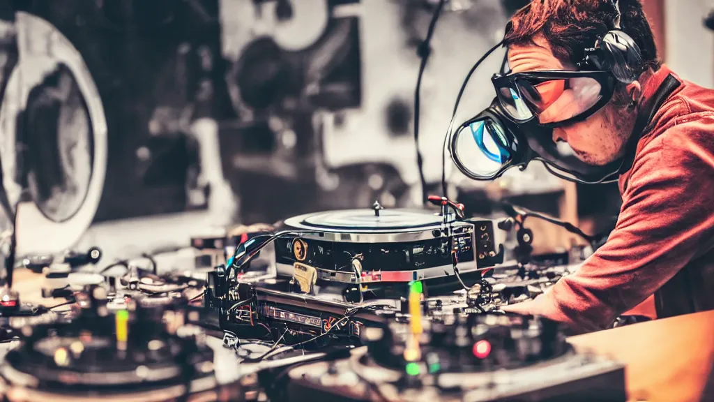 Prompt: a person wearing goggles and visor and headphones using a steampunk record player contraption, wires and tubes, turntablism dj scratching, intricate planetary gears, complex, cinematic, imax, sharp focus, iridescent, black light