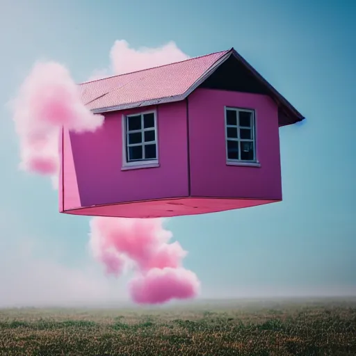 Prompt: a 5 0 mm lens photograph of a cute pink floating modern house, floating in the air between clouds, inspired by the movie up, held up from above by ballons. mist, playful composition canon, nikon, award winning, photo of the year