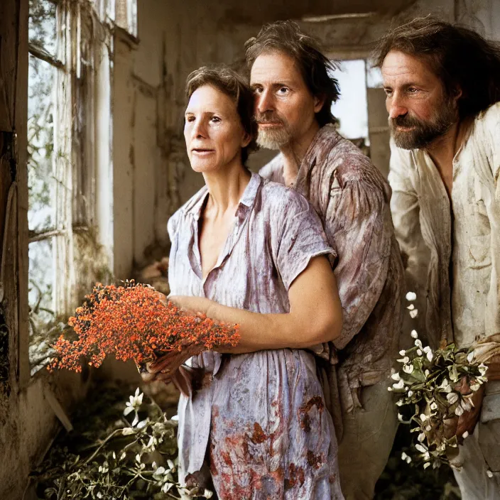 Prompt: closeup portrait of a couple eating flowers, in a desolate abandoned house overtaken by nature, by Annie Leibovitz and Steve McCurry, natural light, detailed face, CANON Eos C300, ƒ1.8, 35mm, 8K, medium-format print