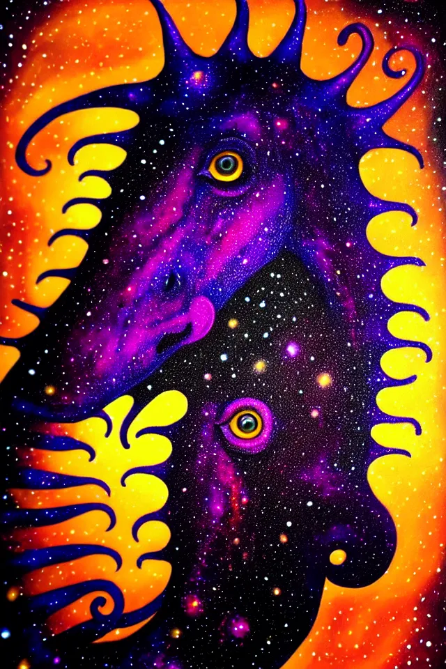 Image similar to a close up portrait of a purple ornate seahorse head statue, orange eyes, black paper, galaxy, nebula, billions of details, beautiful intricate painting by kokaris