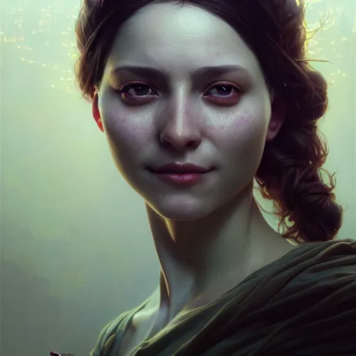 Image similar to portrait painting of woman blindfolded, smiling, ultra realistic, concept art, intricate details, eerie, highly detailed, photorealistic, octane render, 8 k, unreal engine. art by artgerm and greg rutkowski and charlie bowater and magali villeneuve and alphonse mucha