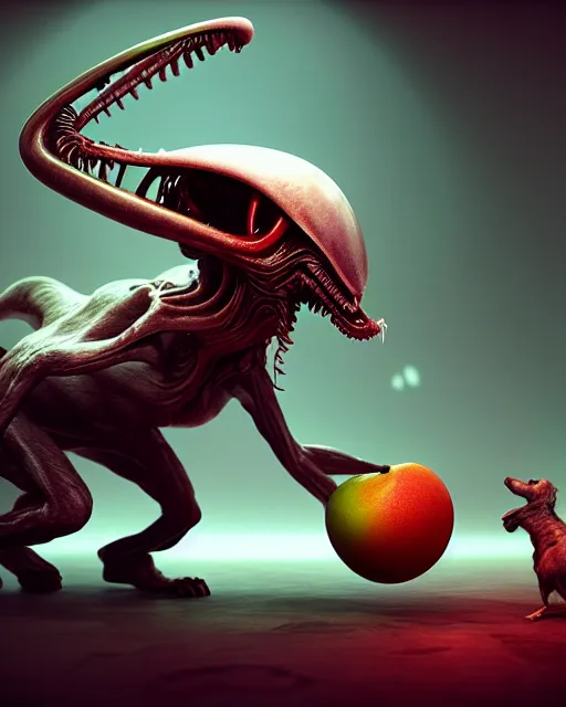 Image similar to beautiful digital fantasy illustration of alien fruit, a creepy dog attacking a stuffed animal, octane render, detail texture, unreal engine, 8 k, a surrealist sculpture by ryohei hase, marble sculptures, ultra hyper realistic quality