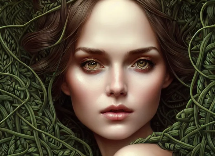 Image similar to highly detailed beautiful woman wrapped up in vines, illustration, full body realistic eyes, artstation, cinematic lighting, hyperdetailed, detailed realistic symmetrical eyes, cgsociety, 8k, high resolution, Charlie Bowater, Tom Bagshaw, Norman Rockwell, insanely detailed and intricate, clean white background