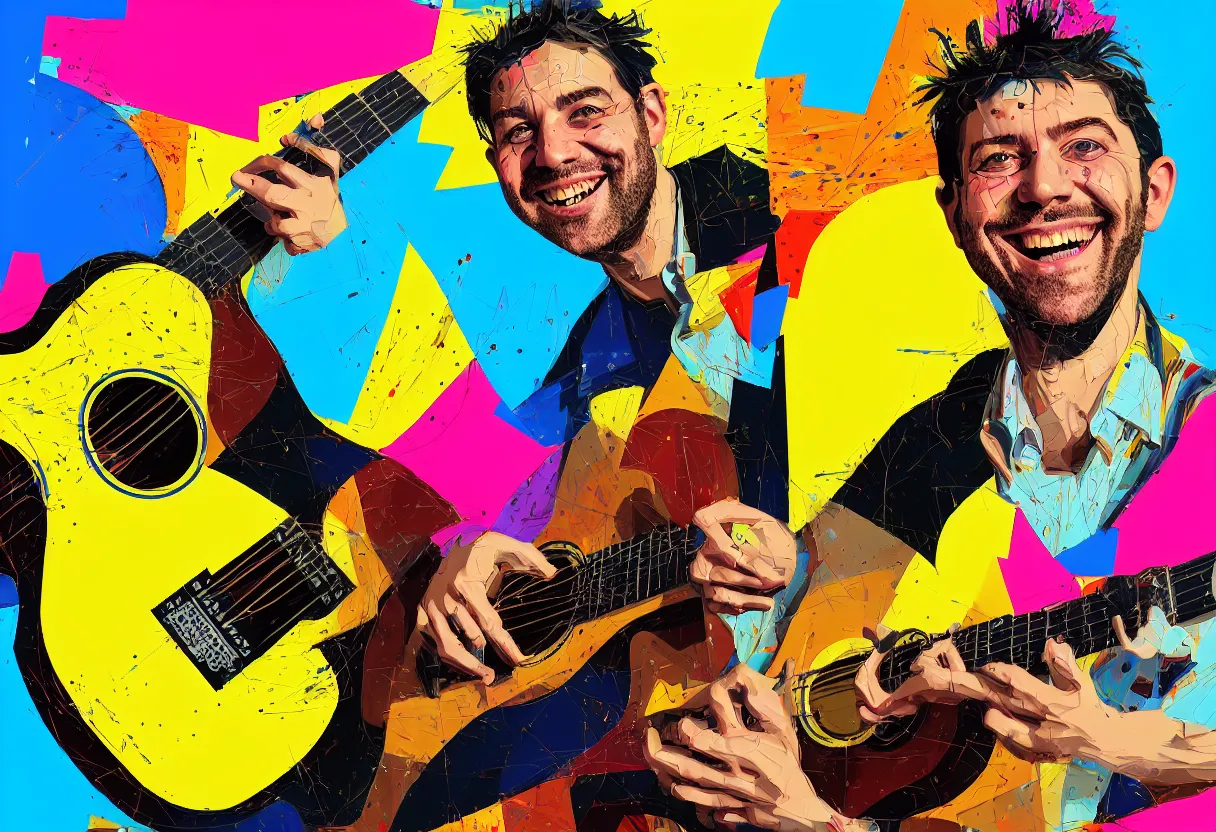 Prompt: random smiling funny guy with guitar, pop art, aesthetic art, 8 k, asymmetrical, high details, digital painting, concept art, smooth, beautiful, full body perfect, sharp focus, illustration, intricate, art by arstation and mimmo rotella, pixels art by paul robertson