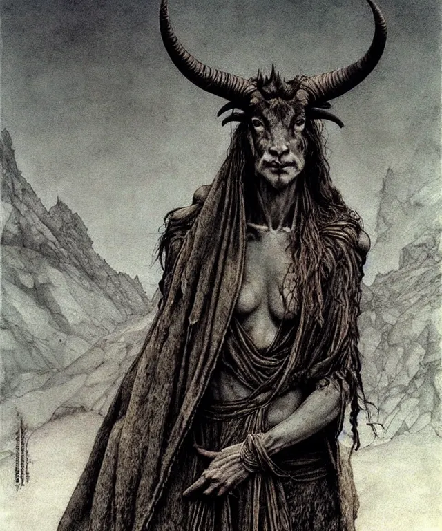 Image similar to A detailed horned goatwoman stands among the hills. Wearing a ripped mantle, robe. Perfect faces, extremely high details, realistic, fantasy art, solo, masterpiece, art by Zdzisław Beksiński, Arthur Rackham, Dariusz Zawadzki