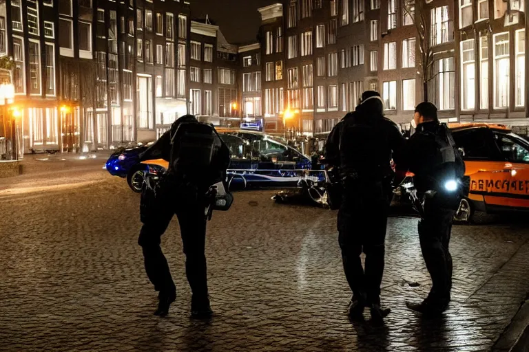 Image similar to photography of a hacker being arrested in amsterdam at night