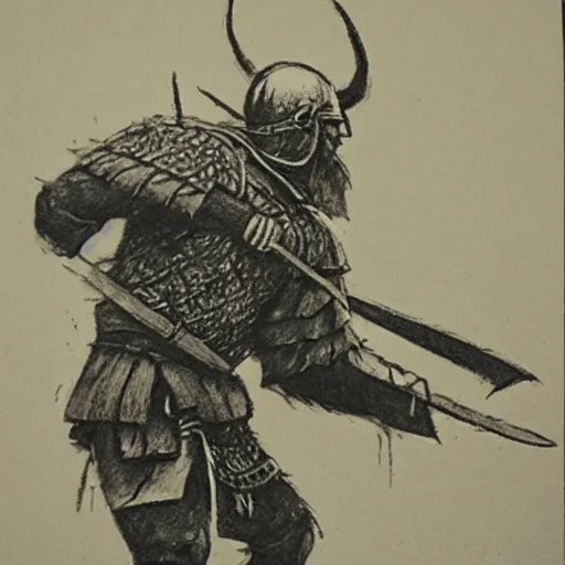 Prompt: a charcoal illustration of a Viking warrior in action