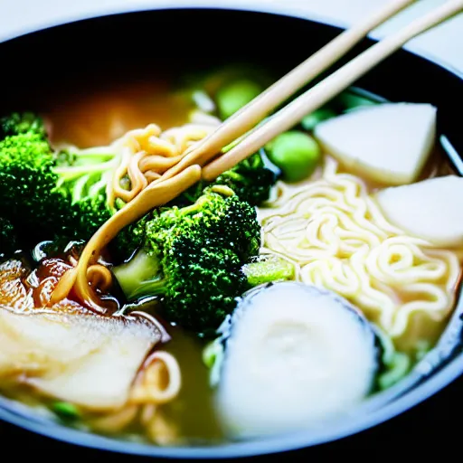 Image similar to a steaming bowl of ramen with weird ingredients, like toothpaste, broccoli and turnips. Food photography, bokeh