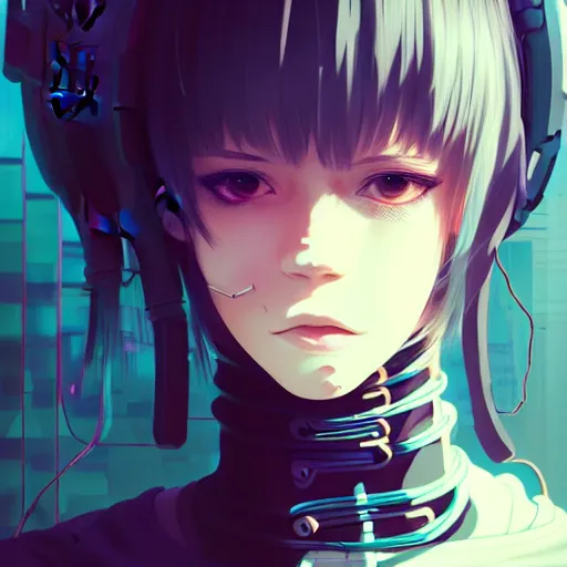 Image similar to by kyoto animation, cool girl wearing cyberpunk intricate streetwear, beautiful, detailed symmetrical close up portrait, intricate complexity, in the style of artgerm and ilya kuvshinov, cell shaded, 4 k, concept art, by wlop, krenz cushart, greg rutkowski, pixiv. cinematic dramatic atmosphere, cinematic lighting, studio quality