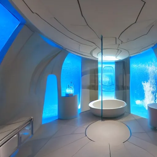 Prompt: big futuristic blue bathroom inside a spaceship startrek interior style. with a swimming pool