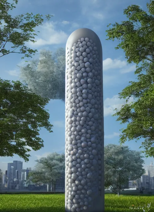 Image similar to highly detailed realistic architecture 3 d render of a futurisctic stele made from balls standing in a city park, archdaily, made in unreal engine 4 octane render