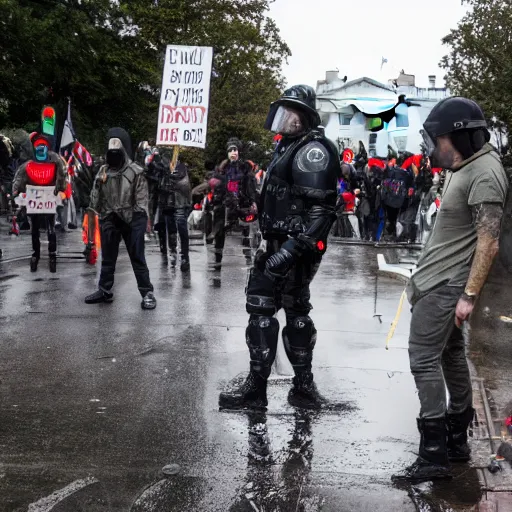 Image similar to 8 k uhd pictures as bunch of sewer rats, protest, animals, front white house, wet, cinematic, higly photorealistic details, highly details form, highly details content