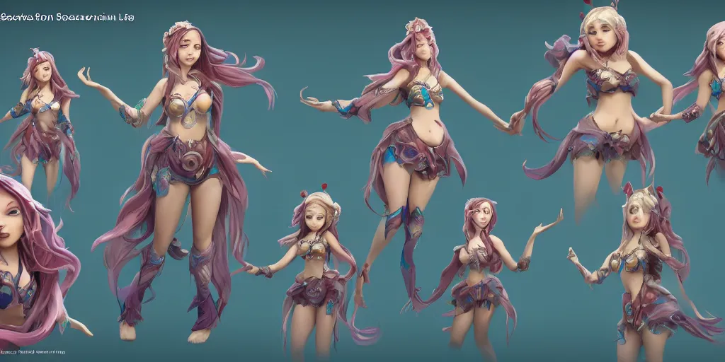 Prompt: Character sheet of gorgeous ocean song seraphine (League of Legends). 3d render, octane render, game art, realistic, highly detailed, trending on artstation, 4k, trending on artstation, pixar, cgsociety, unreal engine 5, redshift render, trending on artstation, blender, behance, cg