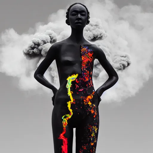 Image similar to black marble statue of a beautiful woman in the style of virgil abloh with in the background colorful motocross logos and traffic signs, colored smoke clouds, very very beautiful, detailed, off white, heron preston, 8 k, 4 k, detailed, beautiful, symmetrical, vogue, editorial, fashion, magazine, soft lighting