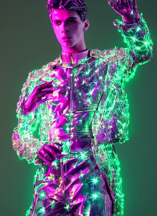Image similar to photo of baroque and bladerunner delicate neon emerald sculpture of seductive prince adrien sahores pink iridescent humanoid deity wearing metallic jungle leaves, crystal tigers, glowing rainbow lights, crown made of hands, cinematic lighting, photorealistic, octane render 8 k depth of field 3 d