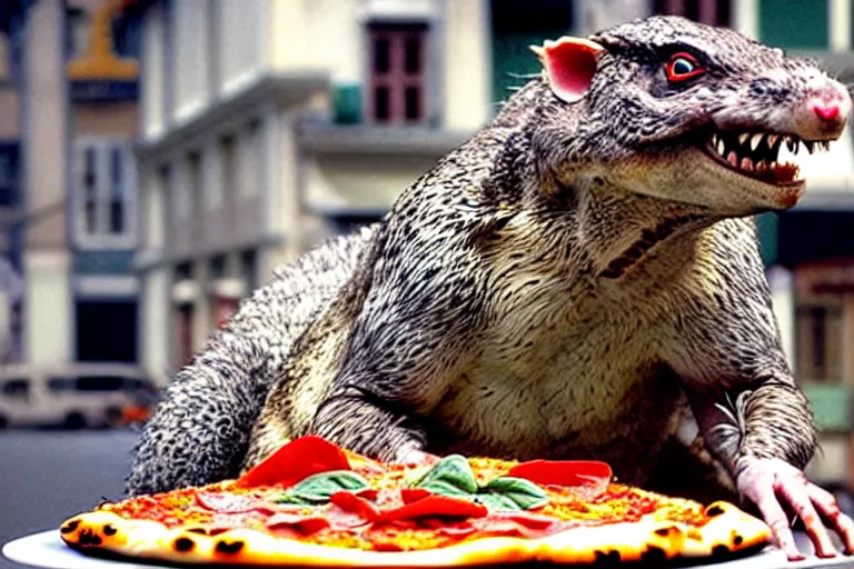 Image similar to emergence of the pizza rat, evolution, the new apex predator : unstoppable pizza rat : the reason god stays in heaven - he screams for pizza like godzilla roars